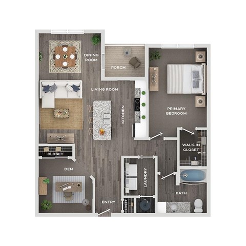 Floor plan for 2 beds, 1 bath, 957 sqft